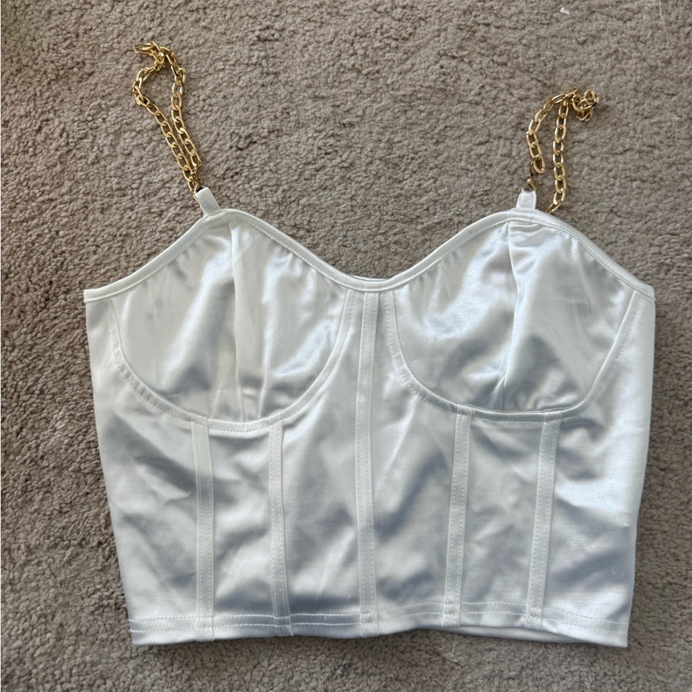 White Satin Bustier Crop Top with Gold Chain Straps